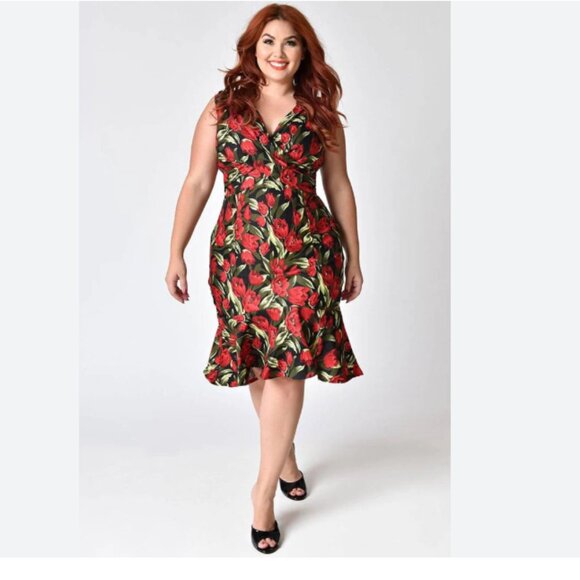 Unique Vintage Gloria Floral Tulips Midi Wiggle Ruffle Dress Sz 4XL *AS IS* - Picture 1 of 14